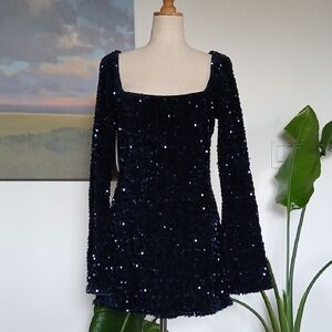 NWT Princess Polly "Vinelle" Midnight Blue Sequin Long Sleeve Mini Dress US Sz 8